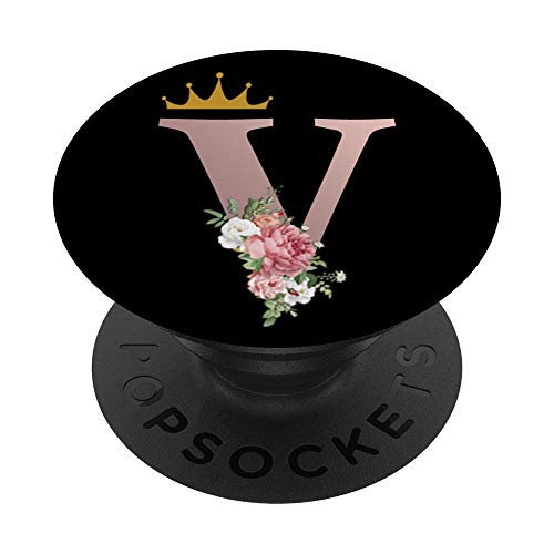 Rose Pink Letter V Floral Initial Monogram  and  Crown on Black PopSockets Grip and Stand for Phones and Tablets