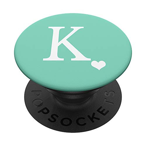 White Initial Letter K heart Monogram on Pastel Mint Green PopSockets PopGrip Swappable Grip for Phones  and  Tablets