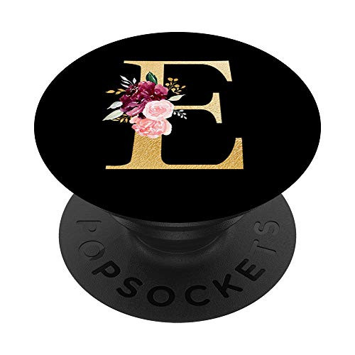 Pink Rose Flowers Monogram Floral Initial Letter E On Black PopSockets PopGrip Swappable Grip for Phones  and  Tablets