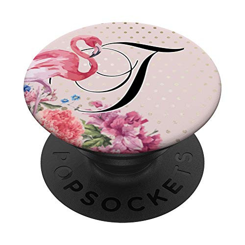 Black Monogram Letter T Initial Pink Flamingo PopSockets PopGrip Swappable Grip for Phones  and  Tablets