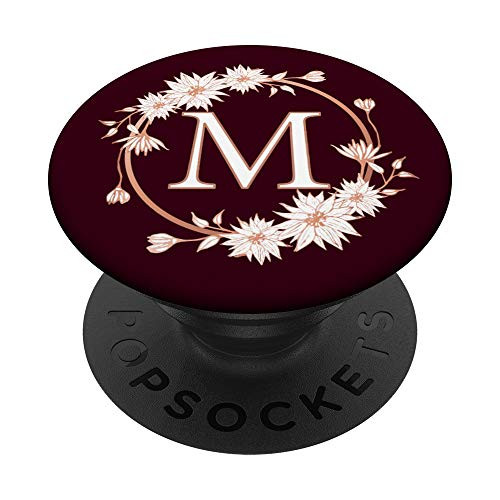 Letter M Initial Vintage White Floral Maroon Monogram PopSockets Grip and Stand for Phones and Tablets
