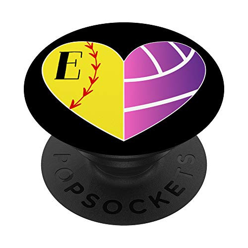 Softball Volleyball Heart Girl Gift Pink Purple Letter E PopSockets Grip and Stand for Phones and Tablets