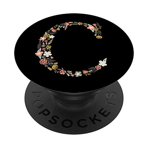 Cute Floral Initial Letter C Monogram on Black PS20003 PopSockets PopGrip Swappable Grip for Phones  and  Tablets