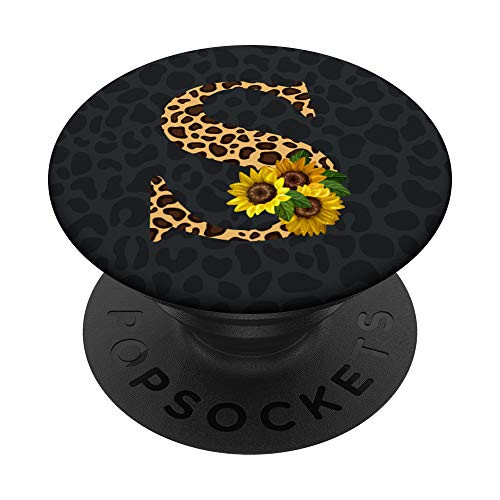 Leopard Cheetah Animal Print Sunflower Letter S Monogram PopSockets PopGrip Swappable Grip for Phones  and  Tablets