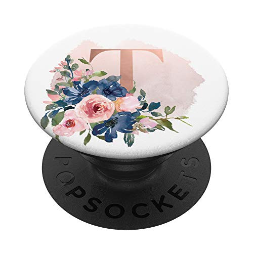 Navy Blue Blush Pink Flowers Rose Monogram letter T PopSockets PopGrip Swappable Grip for Phones  and  Tablets