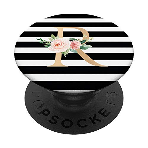 Initial R Black White Stripe Monogram Floral Letters PopSockets Grip and Stand for Phones and Tablets