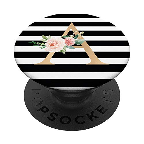 Initial A Black White Stripe Monogram Floral Letters PopSockets Grip and Stand for Phones and Tablets