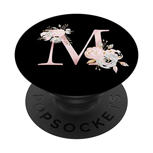 Letter M Initial Pink Rose Floral Flower On Black Monogram PopSockets Grip and Stand for Phones and Tablets