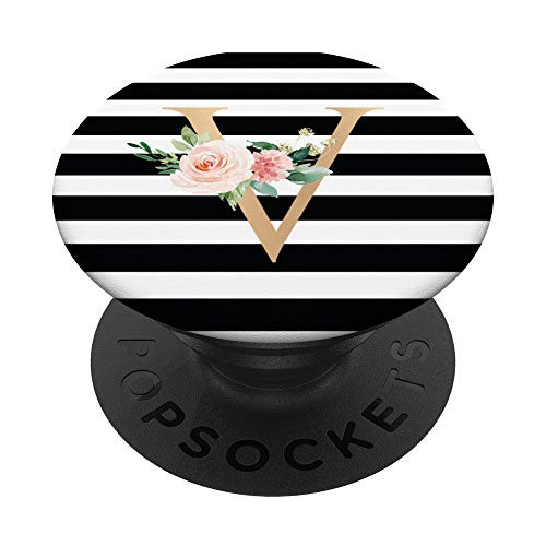 Initial V Black White Stripe Monogram Floral Letters PopSockets Grip and Stand for Phones and Tablets