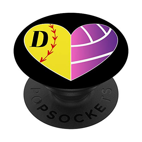 Softball Volleyball Heart Girl Gift Pink Purple Letter D PopSockets Grip and Stand for Phones and Tablets