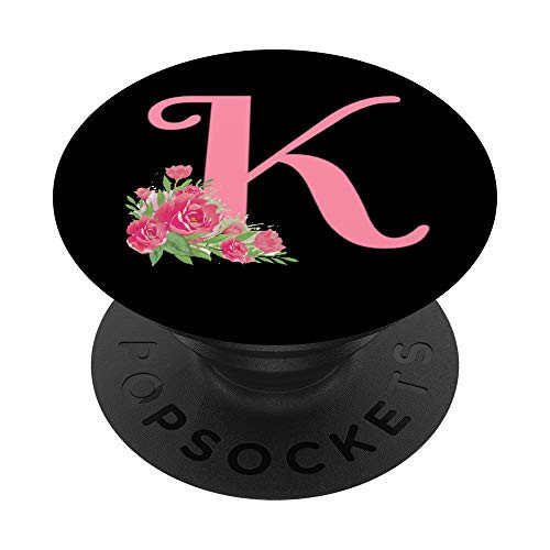 Letter K pink black monogram floral initial K with roses PopSockets PopGrip Swappable Grip for Phones  and  Tablets