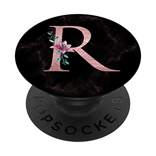 Letter R Initial Floral Pink Rose Black Blush Monogram Gift PopSockets PopGrip Swappable Grip for Phones  and  Tablets