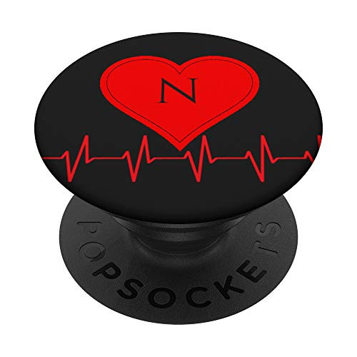 HeartBeat Red Heart Monogram Letter N Love Valentine Black PopSockets PopGrip Swappable Grip for Phones  and  Tablets