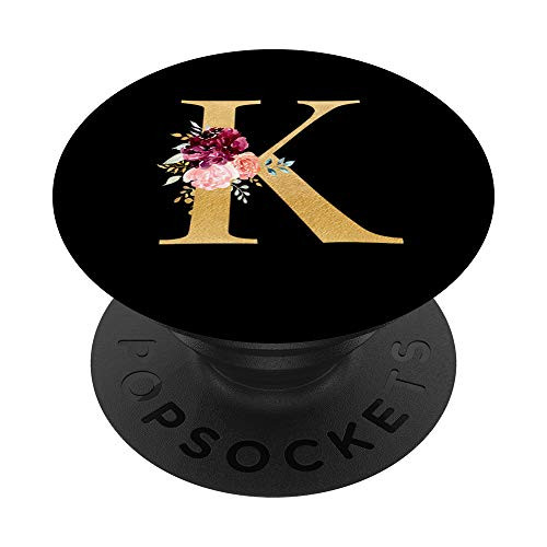 Monogram Initial Letter K Customized Floral Name on Black PopSockets PopGrip Swappable Grip for Phones  and  Tablets