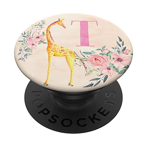 Giraffe Rose Watercolor Monogram Name Initial Letter T PopSockets PopGrip Swappable Grip for Phones  and  Tablets