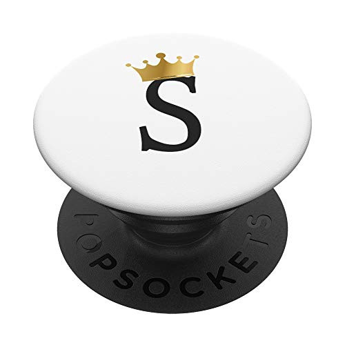 Gold Crown Letter S Initial Black Monogram White PopSockets PopGrip Swappable Grip for Phones  and  Tablets