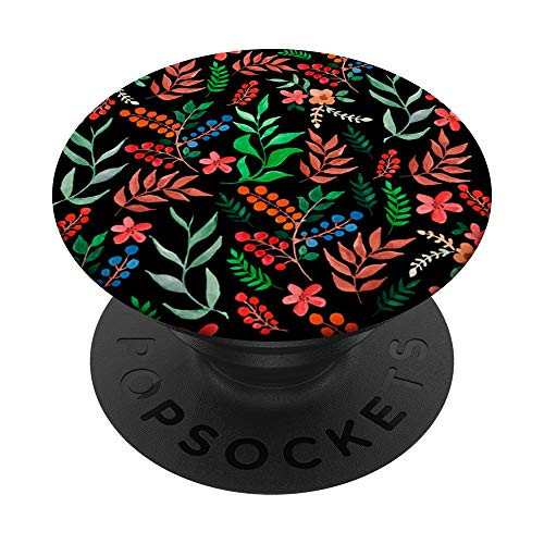Watercolor Flowers And Leaves on Black Floral Garden Flower PopSockets PopGrip Swappable Grip for Phones  and  Tablets