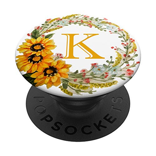 Sunflowers Wreath Monogram Initial Letter K PopSockets PopGrip Swappable Grip for Phones  and  Tablets