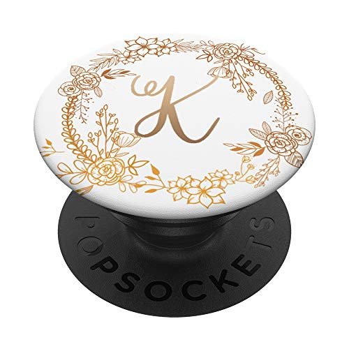Gold Floral Initial Letter K Monogram Capital Wreath PopSockets PopGrip Swappable Grip for Phones  and  Tablets