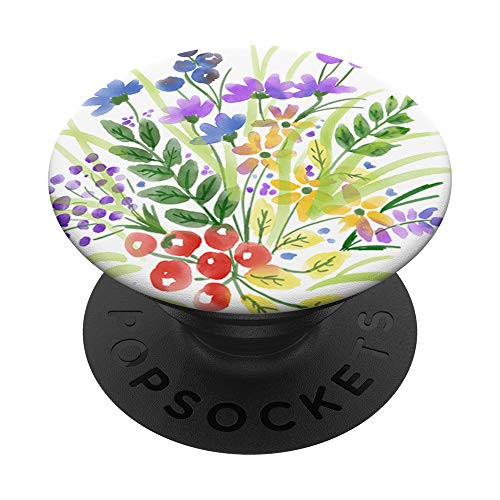 Flowers And Leaves Bloom Garden On Watercolor Pattern PopSockets Grip and Stand for Phones and Tablets