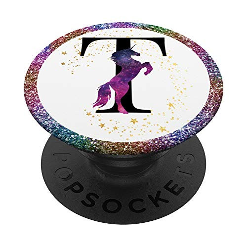 Black Monogram Letter T Initial Rainbow Unicorn PopSockets PopGrip Swappable Grip for Phones  and  Tablets