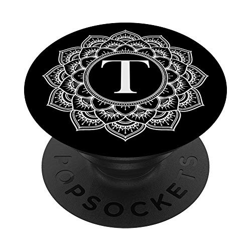 Black Floral White Flower Monogram Letter T Initial Mandala PopSockets PopGrip Swappable Grip for Phones  and  Tablets