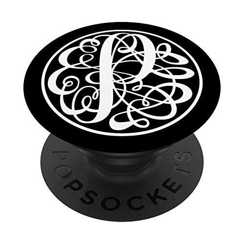 Ornament Initial P Letter White on Black Script Monogram PopSockets PopGrip Swappable Grip for Phones  and  Tablets
