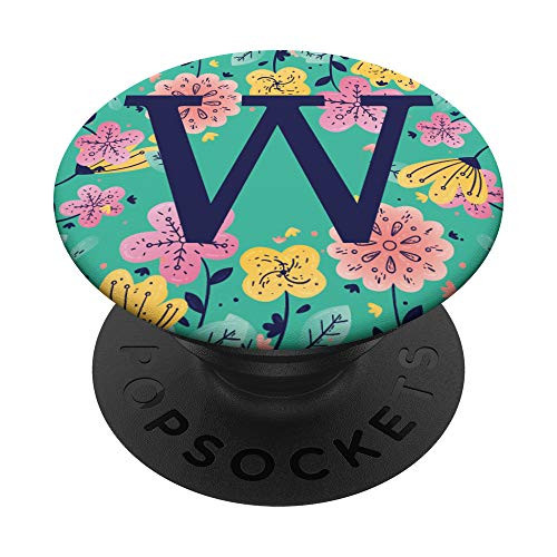 Teal Mint Monogram Letter Initial With Yellow Pink Floral W PopSockets Grip and Stand for Phones and Tablets