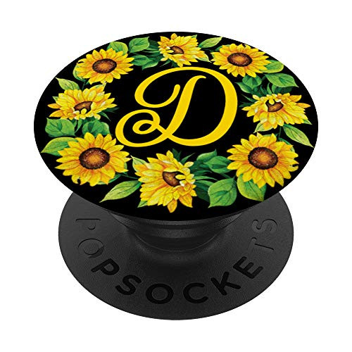 D Monogram Sunflower Floral Flower Initial Letter Gift PopSockets PopGrip Swappable Grip for Phones  and  Tablets
