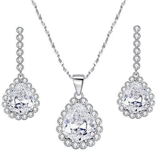 EleQueen 925 Sterling Silver Full Cubic Zirconia Teardrop Pendant Necklace Bridal Drop Earrings Set Clear