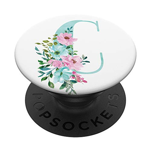 Mint and Pink Floral Flowers Monogram Name Initial Letter C PopSockets Grip and Stand for Phones and Tablets