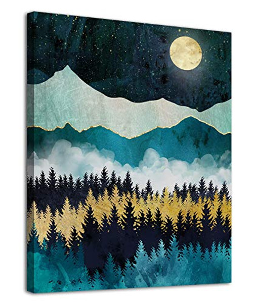 Mountain Forest Wall Art Moon Night Nature Canvas Artwork Modern Nordic Landscape Canvas Pictures for Bathroom Bedroom Living Room Kitchen Office Home Decoration Framed Ready to Hang 12 x 16