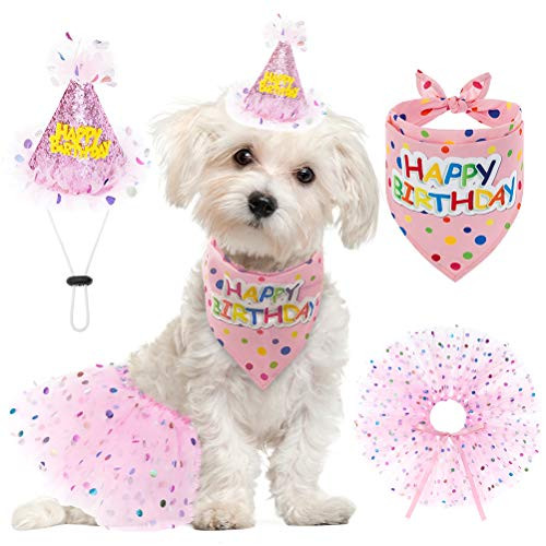 SCENEREAL Dog Birthday Bandana with Hat and Dress Girl Set Puppy Birthday Party Supplies Cute Pink Tutu Skirt Outfit for Small Medium Dogs