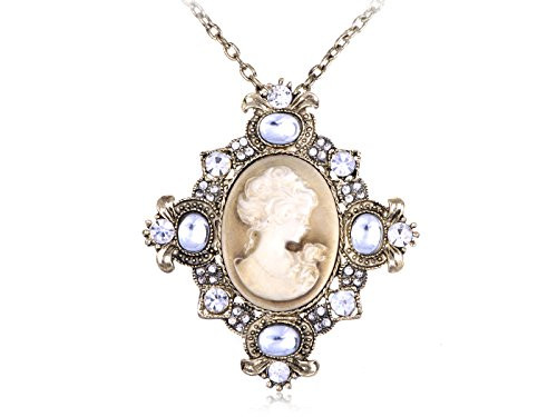 Alilang Rhinestone Crystal Clear Cameo Maiden Woman Brass Tone Lady Pendant Necklace