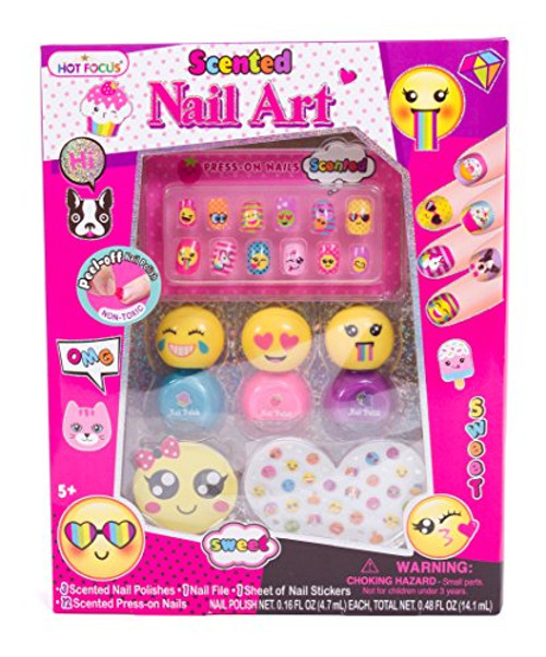 Hot Focus Scented Nail Art Kit- Emoji Girls Nail Kit Includes 12 Press on Nails, 3 Nail Polishes, 31 Nail Stickers and a Nail File  Non-Toxic Water Based Peel Off Nail Polish Hot Focus Scented Nail Art Kit- Emoji Girls Nail Kit Includes 12 Press on Nails, 3 Nail Polishes, 31 Nail Stickers and a Nail File  Non-Toxic Water Based Peel Off Nail Polish