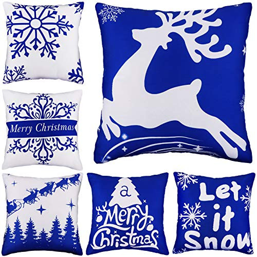 6 Pieces Christmas Winter Cushion Cover Christmas Blue Pillow Covers Christmas Throw Pillow Covers Blue Snowflakes Decorative Throw Pillow Case for Couch Sofa Home Decor 18 x 18 Inches