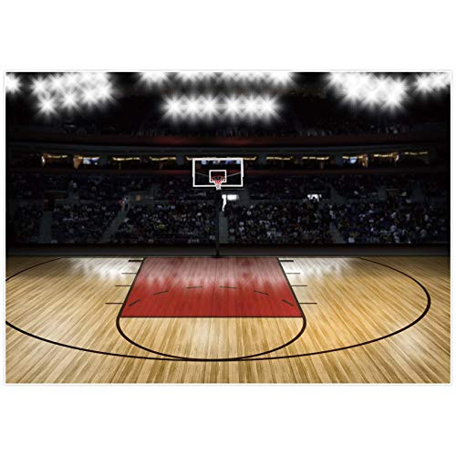 Allenjoy 7x5ft Basketball Court Photography Backdrop Indoor Stadium Lights Wood Floor Background for Kids Children Sports Game Theme Happy Birthday Party Decor Banner Portrait Photo Booth Props