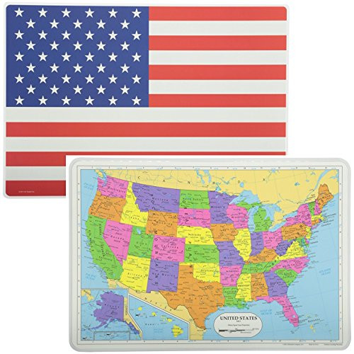 Painless Learning Educational Placemats USA Map and American Flag Set Non Slip Washable