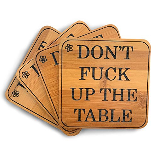 Fun Coaster Set - SET OF 4 + GIFT BOX - Coated Natural Bamboo Wood Coasters for Drinks - 4" Square