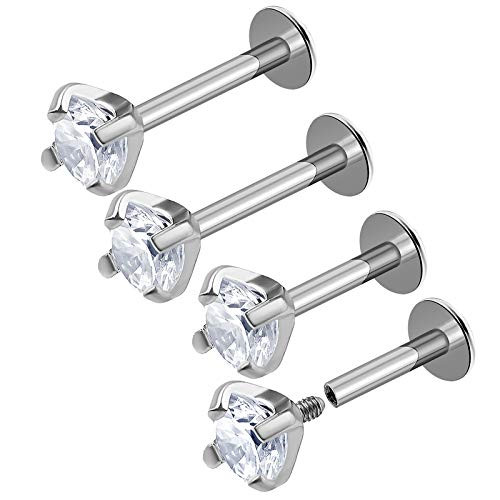 4Pcs Internally Threaded Steel 16g 6mm 8mm Labret Earring Studs Piercing Jewelry Cartilage Tragus Monroe 4mm Clear CZ M2908