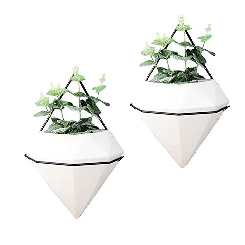 Ceramic Wall Planter White 2 Set Diamond Geometric Wall Hanging Planter Triangle Succulent Planter Air Plant Pots Cactus Faux Plant Vase Containers Modern Indoor Home Office Decoration Small