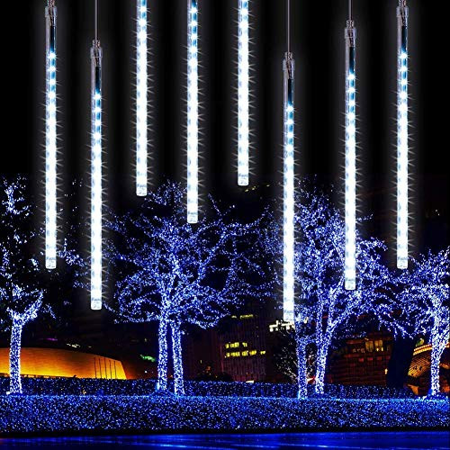 Verxii Home Falling Rain Lights 13_8ft 8 Tube 224 LEDs Meteor Shower Lights Waterproof Icicle Snow Fall String Cascading Lights Christmas Lights for Holiday Party Wedding Garden Decoration White