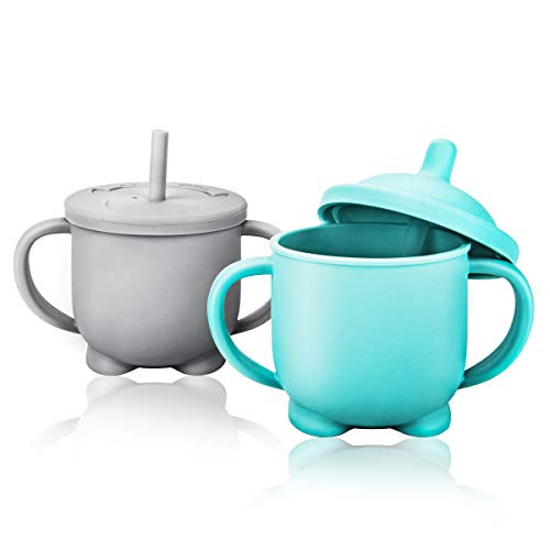 No Spill Silicon Sippy Trainer Straw Cups for Baby Toddler and Child Feeding with 2 Handle BPA-Free 2 Pack 