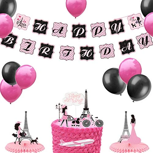 LaVenty 20 PCS Paris Birthday Party Decoration Eiffel Tower Birthday Banner Paris Tower Cake Topper Eiffel Tower Cupcake Toppers