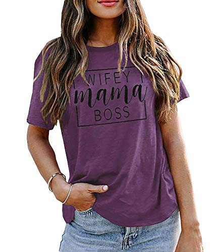 Women Wifey Mama Boss T-Shirt Mothers Day Funny Print Letter O-Neck Short Sleeve Tees Tops Plum S