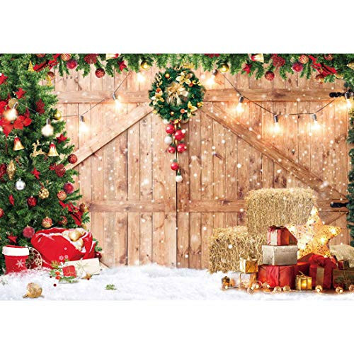 Haboke 7x5ft Soft Fabric Rustic Christmas Barn Wood Door Backdrop for Photography Xmas Tree Snow Gift Wall Floor Party Photo Background Family Holiday Supplies Banner Decorations Studio Prop Pictures