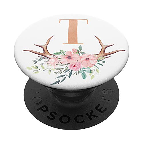 Antlers Pink Flowers Rose Monogram Initial Letter T PopSockets Grip and Stand for Phones and Tablets