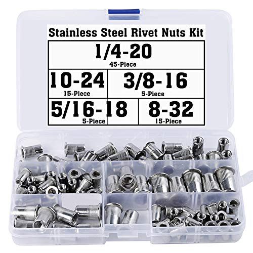 Stainless Steel 14-20 Rivet Nuts Kit 8-32 10-24 516-18 38-16 Threaded Rivet Insert Nuts Knurled Body Flat Head Rivnuts Nutsert Assortment