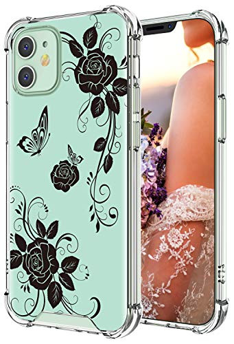Cutebe Clear Case for iPhone 12 Mini Shockproof Series Hard PC TPU Bumper Protective Cover for iPhone 12 Mini 5_4 Inch 2020 Released Black Floral Design for WomenGirls