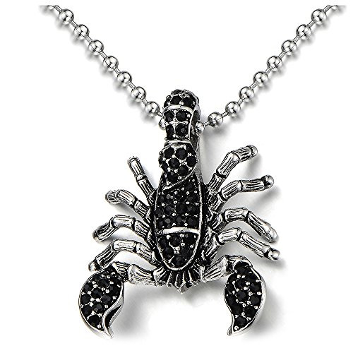 COOLSTEELANDBEYOND Mens Steel Scorpion Pendant Necklace with Black Cubic Zirconia Gothic Style with 23_6 in Ball Chain COOLSTEELANDBEYOND Mens Steel Scorpion Pendant Necklace with Black Cubic Zirconia Gothic Style with 23_6 in Ball Chain